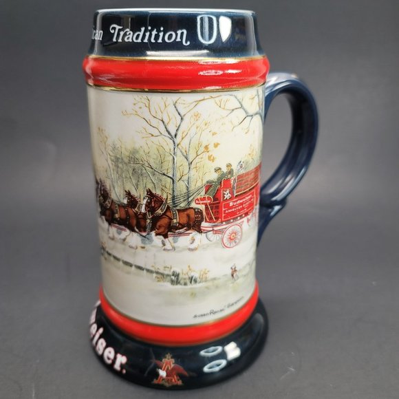 Budweiser Mug 1990 Holiday Beer Stein Clydesdales An American Tradition Pd49 - Picture 2 of 7